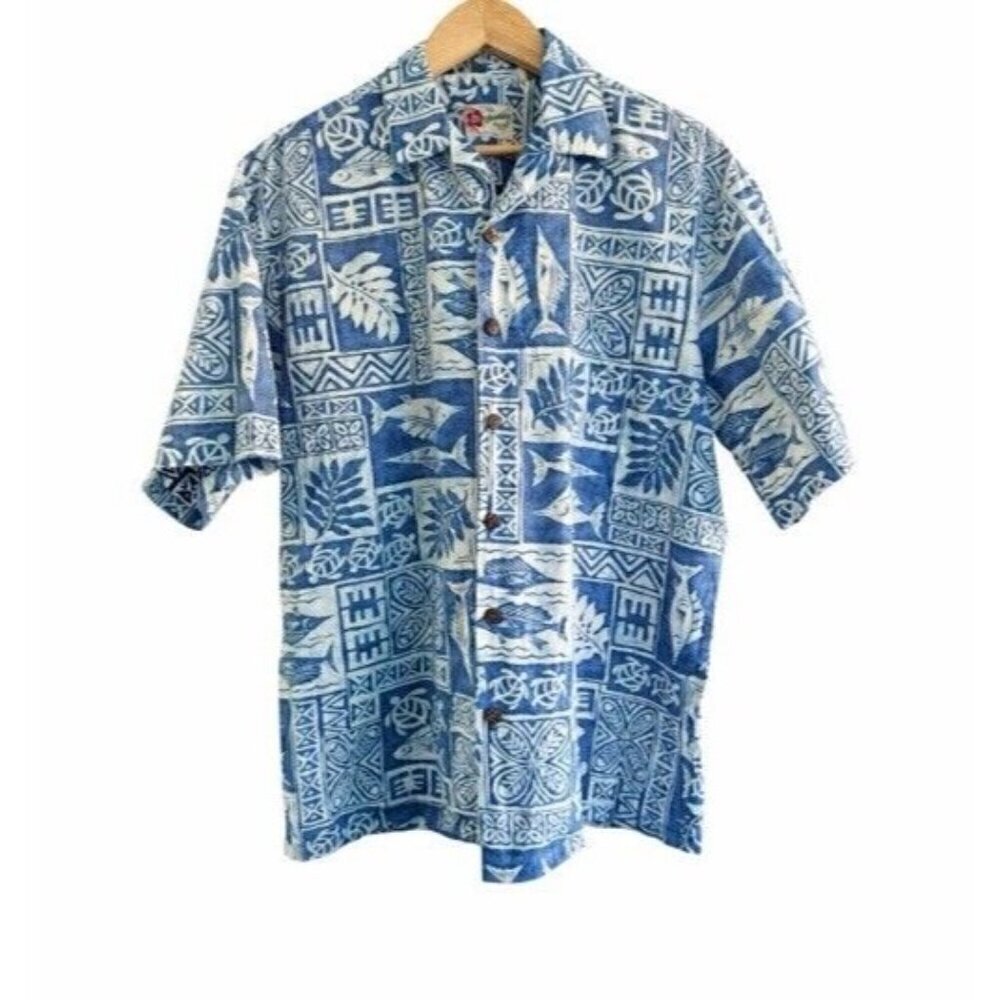 Hilo Hattie Mens Sz Large Blue White Tropcial Reverse Print Button Up Shirt Fish